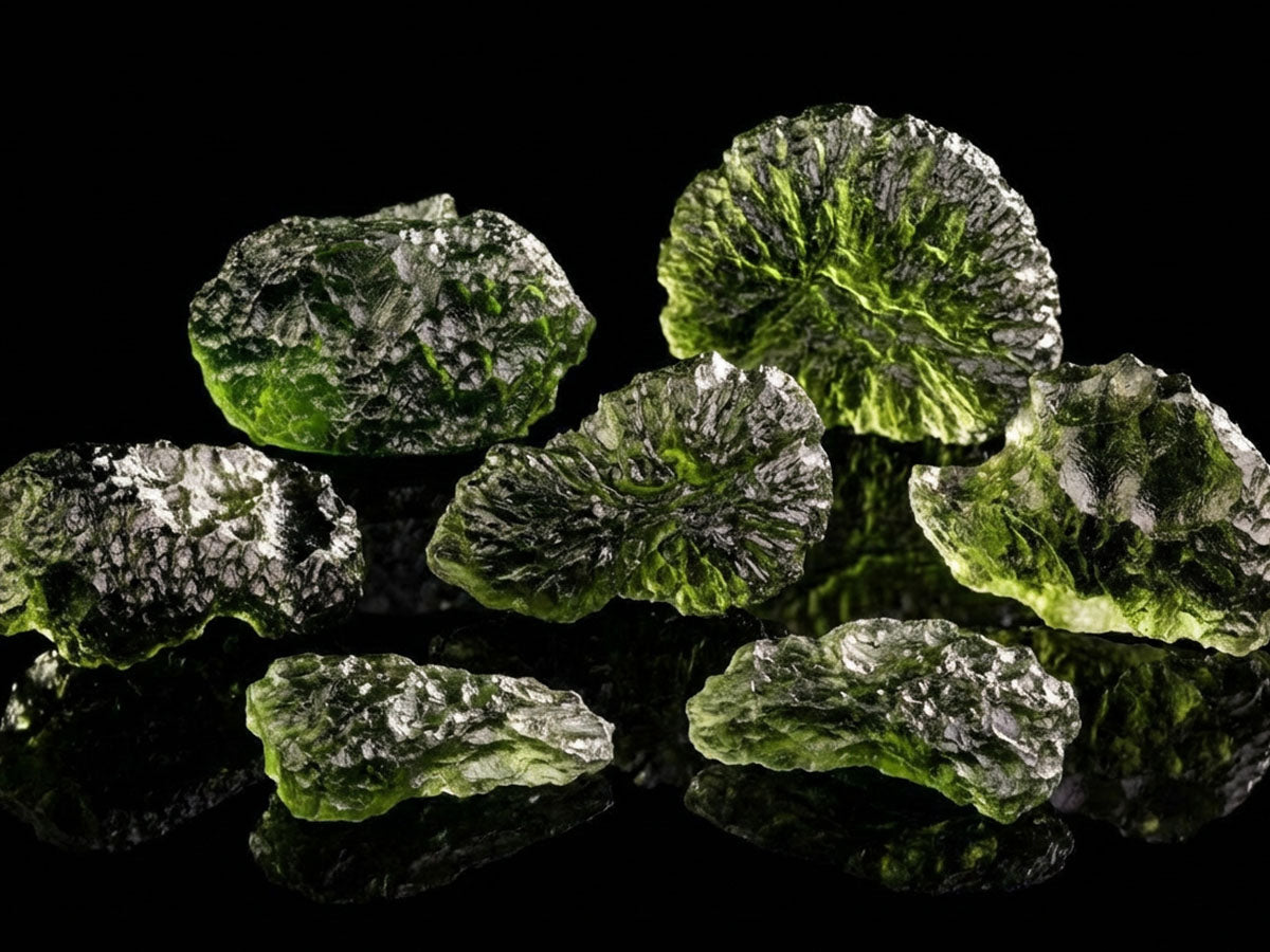 Siyah arka plan üzerinde yan yana dizilmiş ufak ham moldavit minerali parçaları
