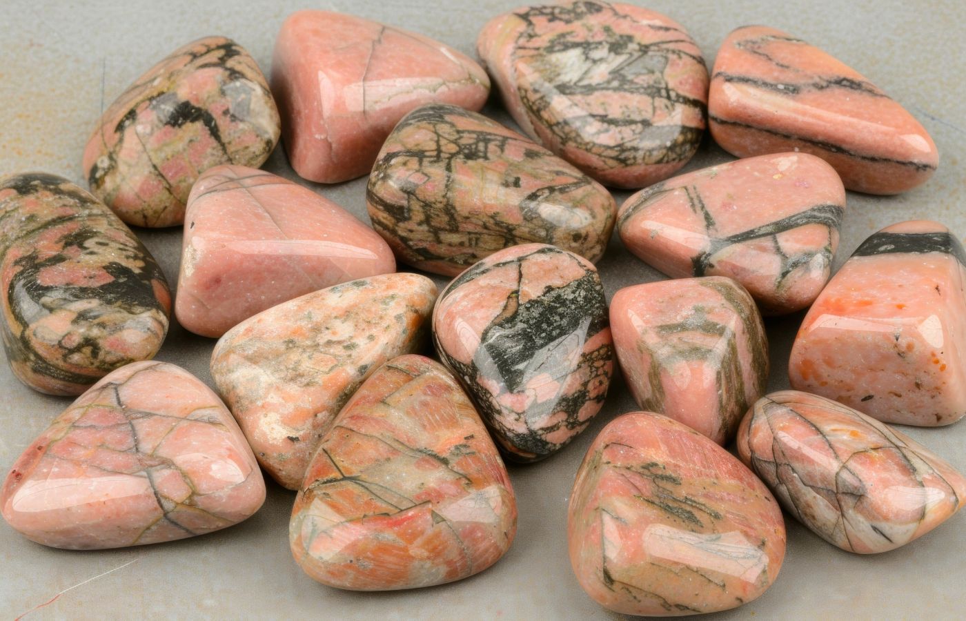 Rodokrozit taşı takı koleksiyonu kapak görseli, doğal pembe taşlar.